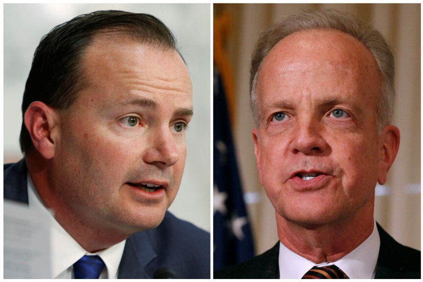 A combination photo shows U.S. Senator Mike Lee and U.S. Senator Jerry Moran speaking in Washington