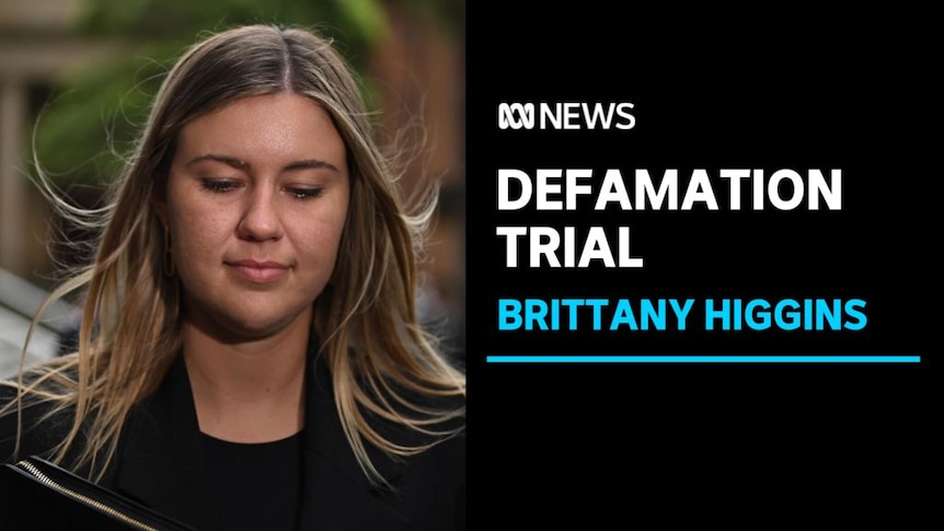 Defamation Trial, Brittany Higgins: A woman with long hair walks with her head bowed.