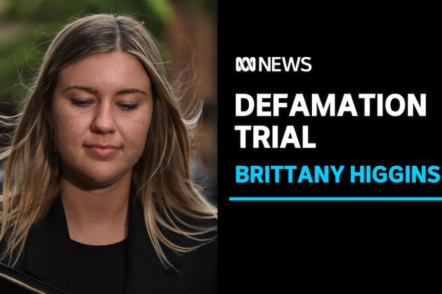 Defamation Trial, Brittany Higgins: A woman with long hair walks with her head bowed.