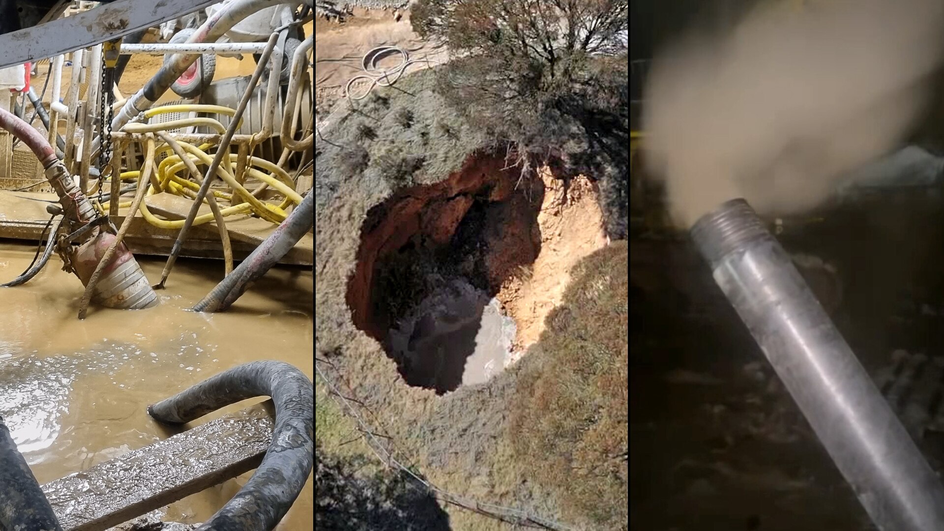A composite image of muddy flooded machinery, a large sinkhole, and a metal pipe with gas coming out of it.