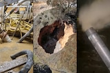 A composite image of muddy flooded machinery, a large sinkhole, and a metal pipe with gas coming out of it.