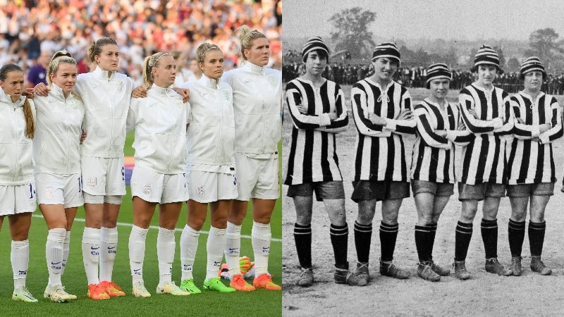 Female footballers lining up before a game from different eras