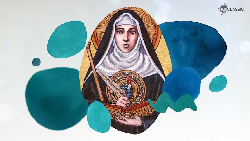 An image of composer Hildegard von Bingen with stylised musical notation overlayed in tones of teal.