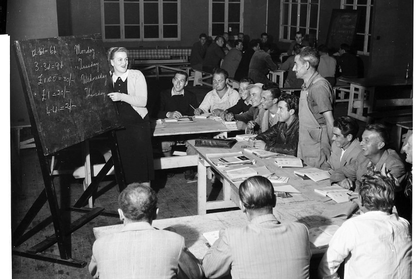An English class at Cooma, East Camp, 1952.