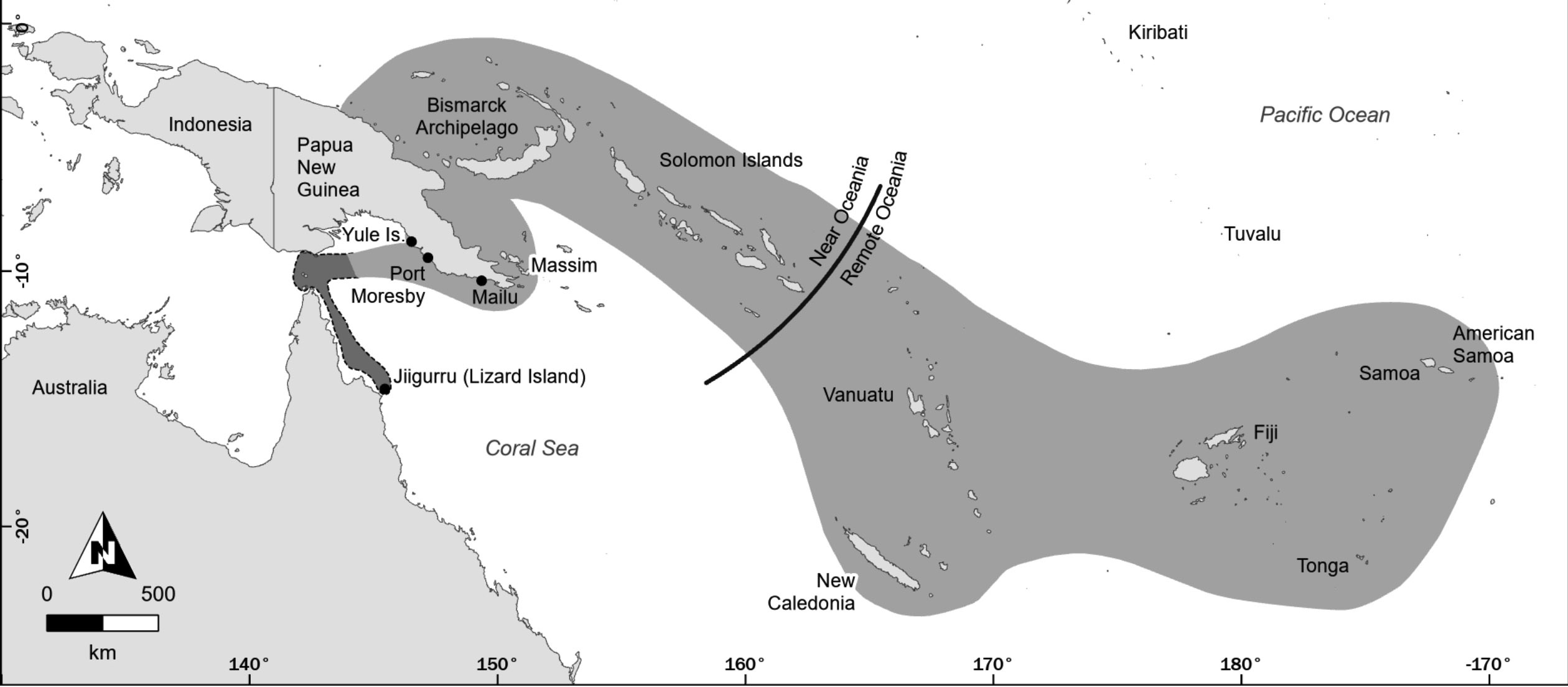A map of the pacific, including PNG and Australia with highlighted regions across many islands.  