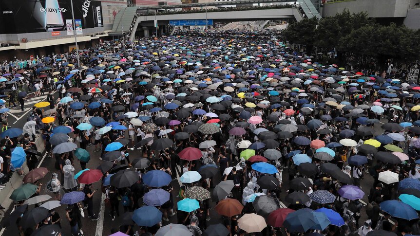 Protesters holding umbrellas gather near Hong Kong's Legislative Council in a rally opposing a controversial extradition law.