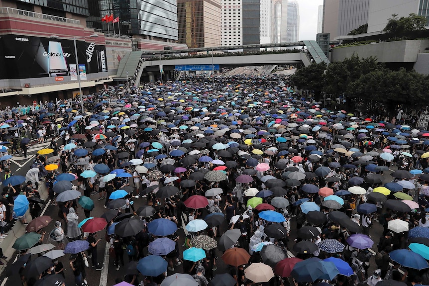 Protesters holding umbrellas gather near Hong Kong's Legislative Council in a rally opposing a controversial extradition law.