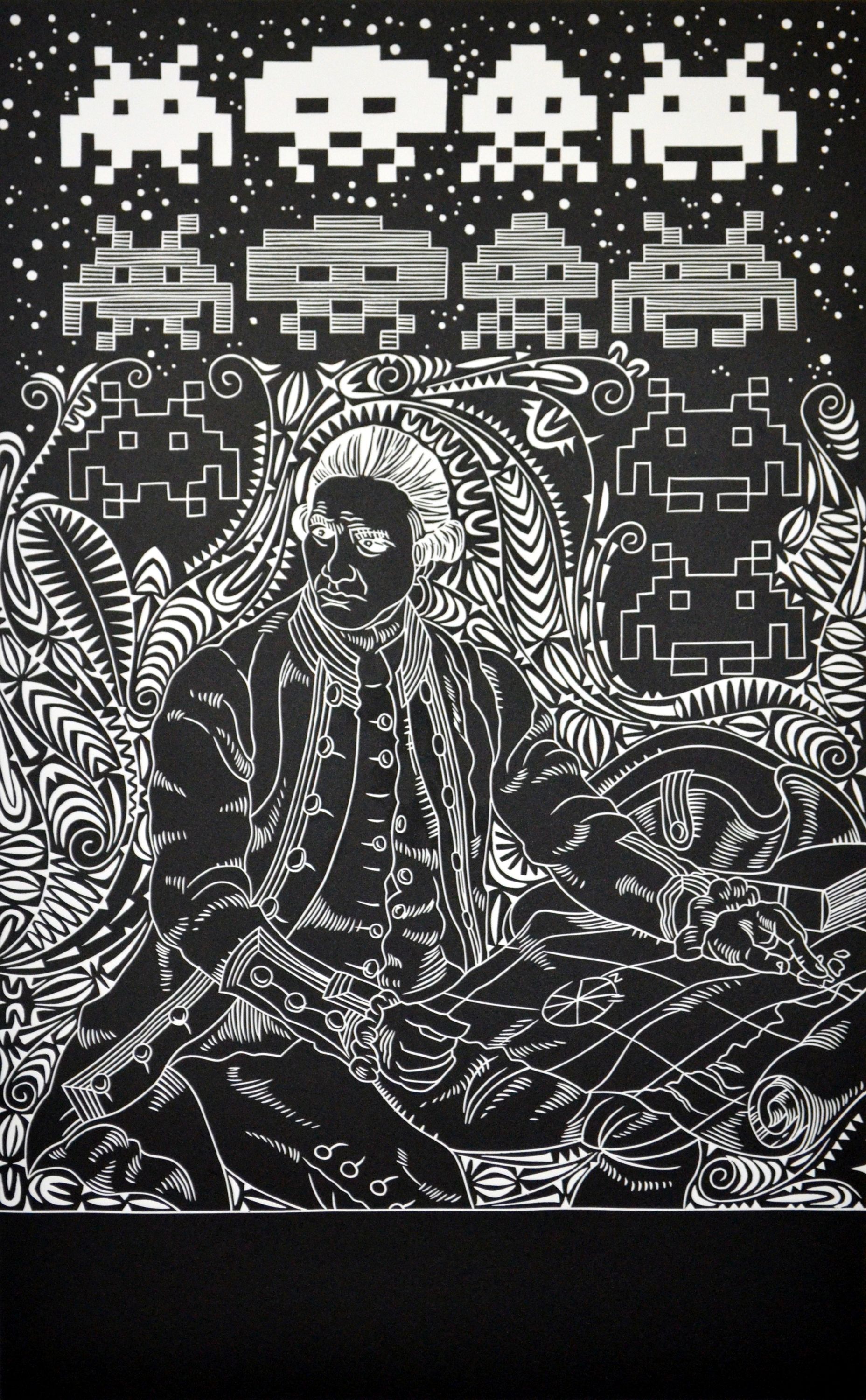 Este acto de Brian Robinson resultó en un linograbado que representa una serie de invasores del espacio sobre el Capitán Cook sosteniendo un mapa desplegado.