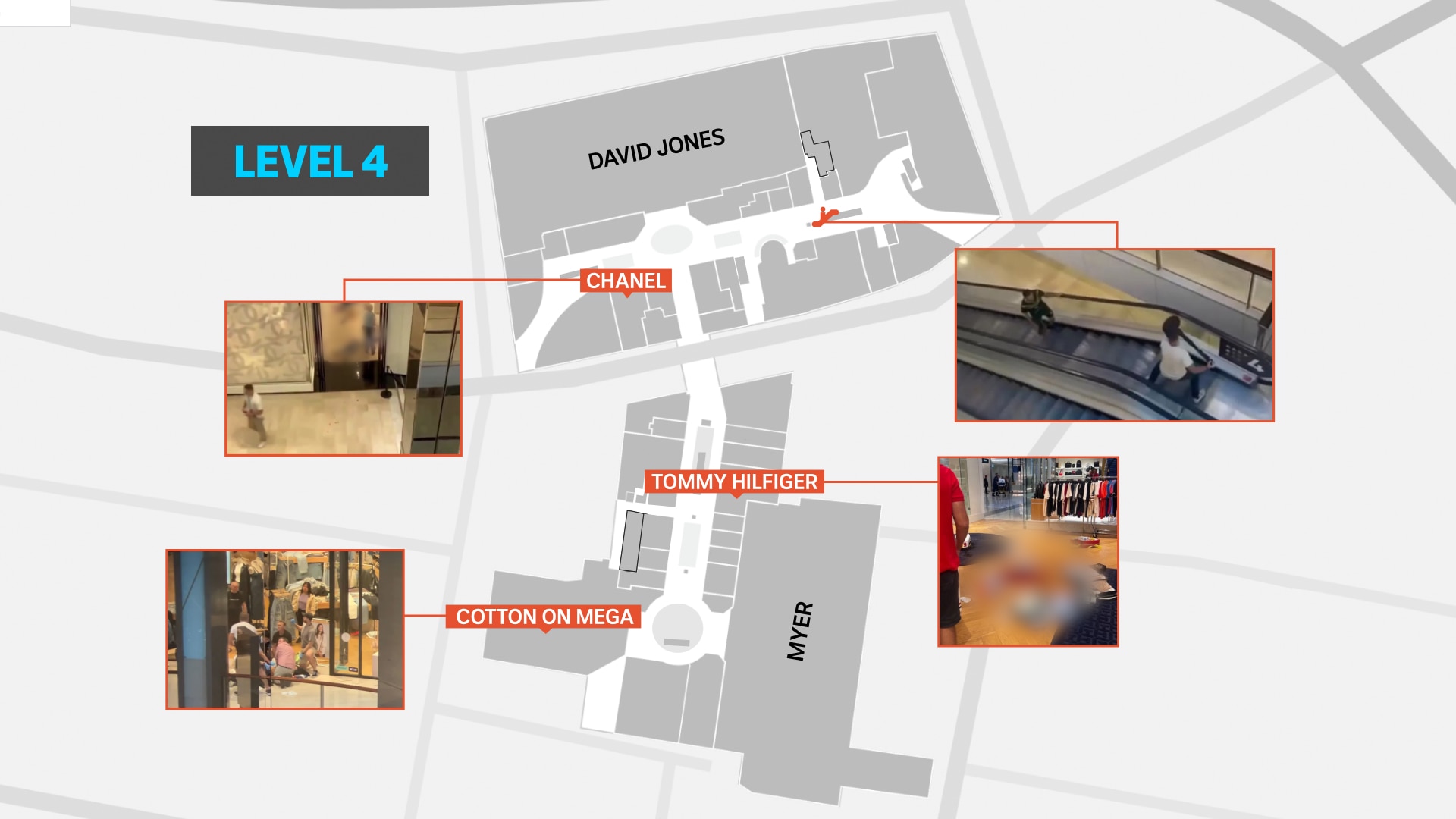 Map showing movement of man with a knife in Westfield Bondi Junction, with images showing where victims were
