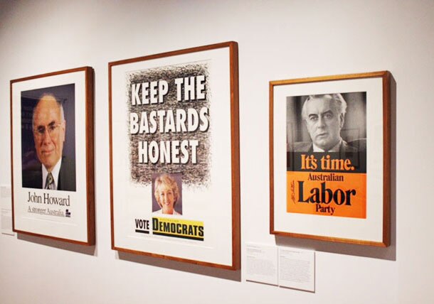 Political ads on show at the National Library of Australia in Canberra.