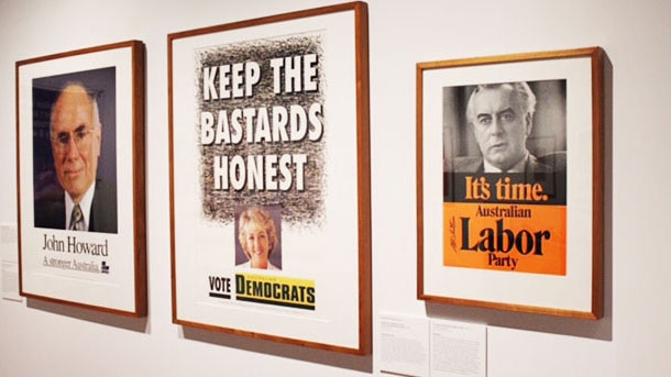 Political ads on show at the National Library of Australia in Canberra.