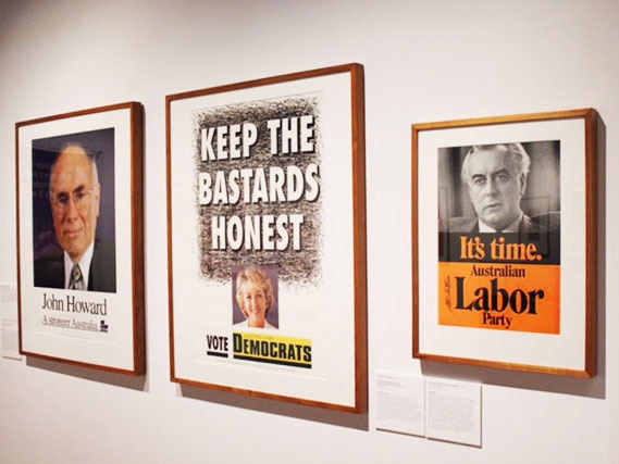 Political advertisements on display at the National Library of Australia in Canberra.