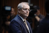 Morrison seen looking to right of frame, hands clasped at front. Out-of-focus cameras in background.