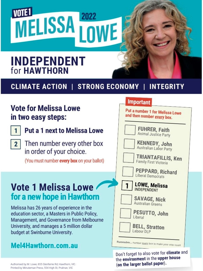 A how-to-vote card from independent candidate for Hawthorn Melissa Lowe.