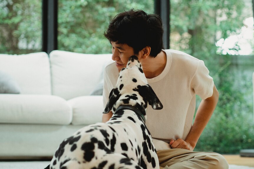 A photo shows a casually dressed man in a living room, a dalmatian dog licking his face