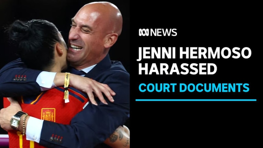 Jenni Hermoso Harassed, Court Documents: A man in a suit embrasses a woman in a red soccer jersey.