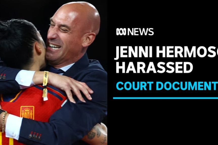 Jenni Hermoso Harassed, Court Documents: A man in a suit embrasses a woman in a red soccer jersey.