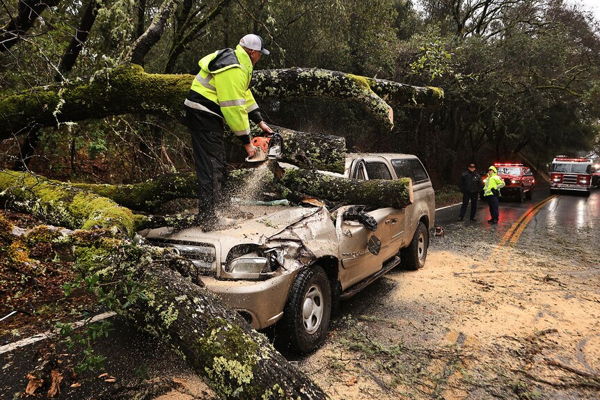 a firefighter cuts  into a tree which has fallen on to a car during a storm in California