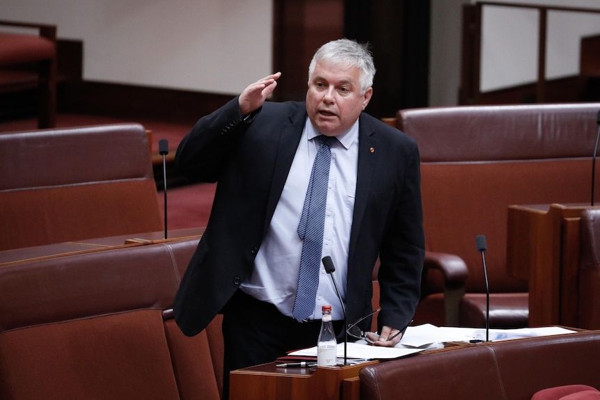 Senator Patrick is wearing a dark suit, standing and talking with right arm raised.