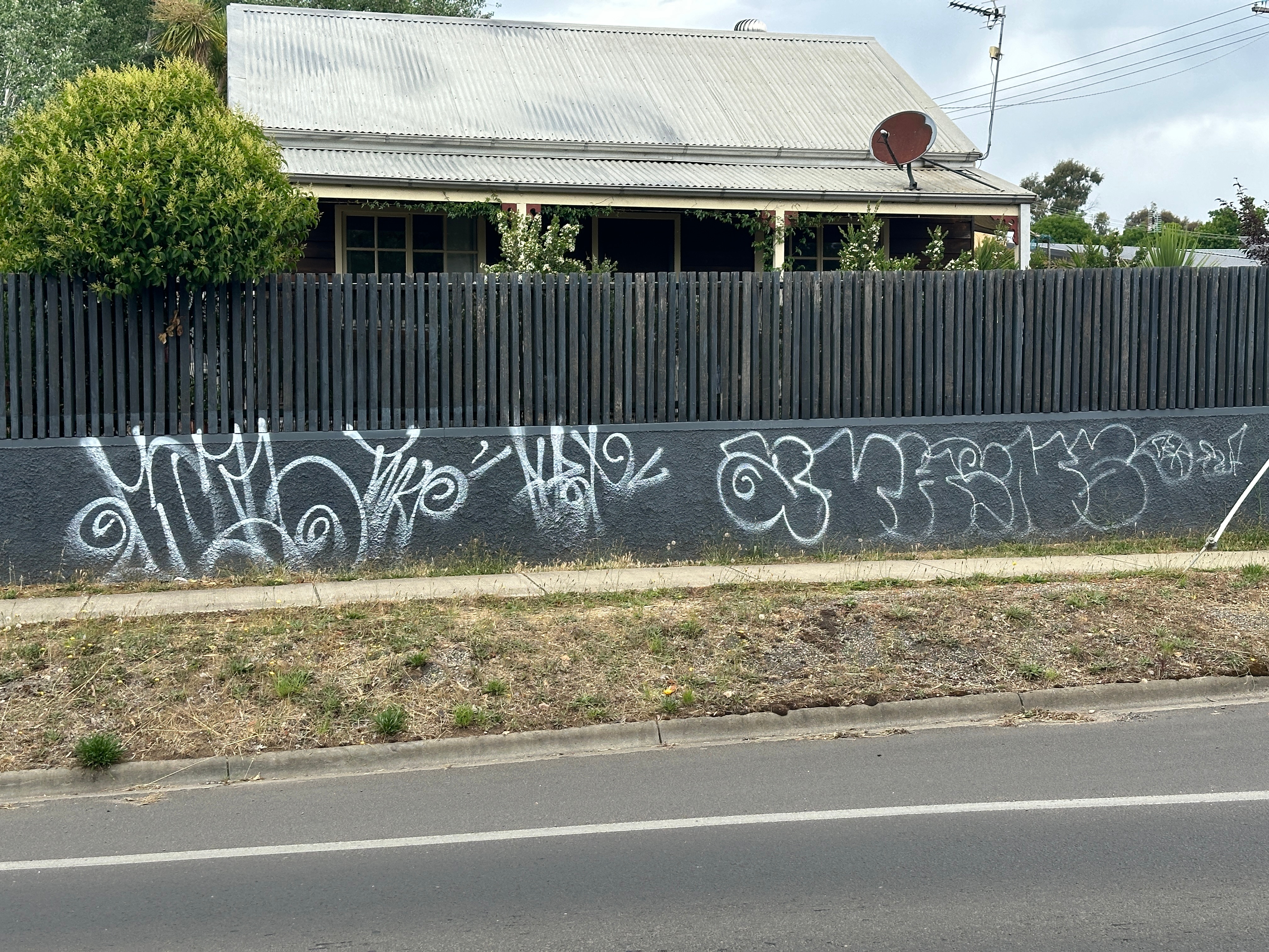 white spray paint in bubble writing is displayed on a house fence