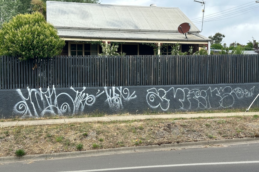 white spray paint in bubble writing is displayed on a house fence