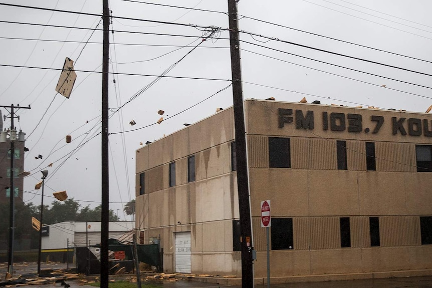 Fierce winds ripped tore the roof from a local radio station building in Corpus Christi.