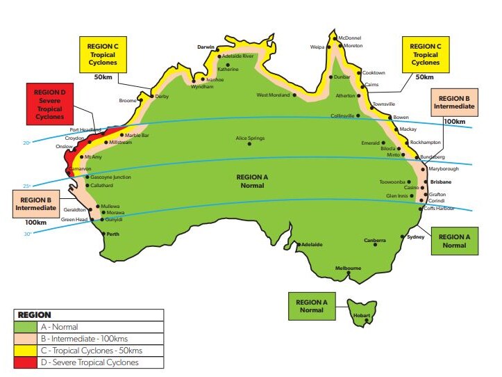 A map showing different wind rating zones around Australia