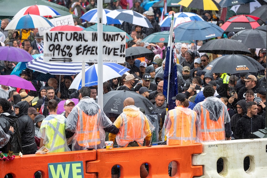 Tłum protestujących ubranych w sprzęt przeciwdeszczowy i parasole stojących twarzą w twarz z policją w pomarańczowych kurtkach