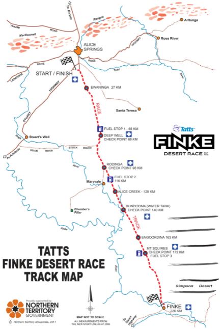 A map showing the Finke Desert Race from Alice Springs to Finke and back again