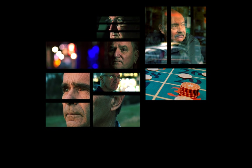 The faces of five men, and chips on a casino table, in separate rectangles spaced apart.