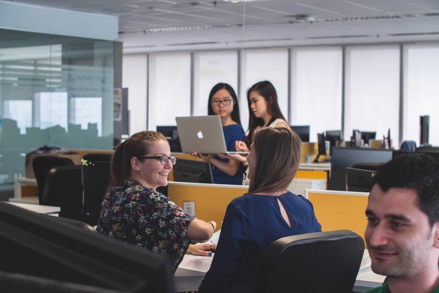 Four female and one male worker talk in an office