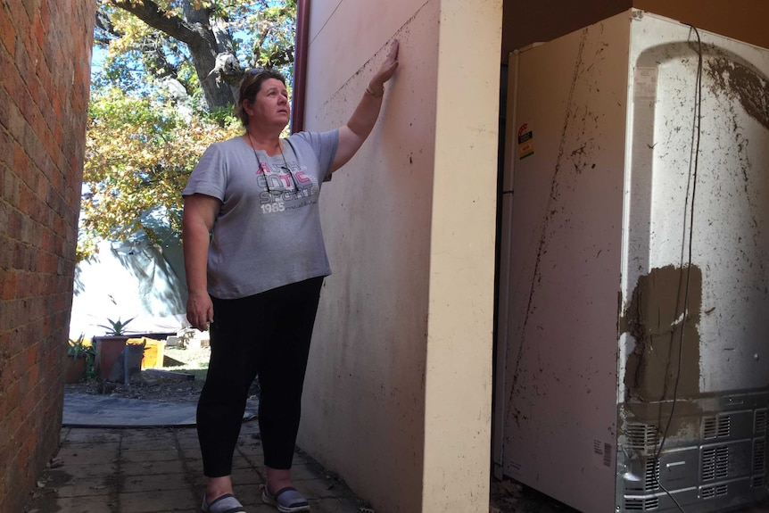 Sindy Duffield showing the water level in her courtyard