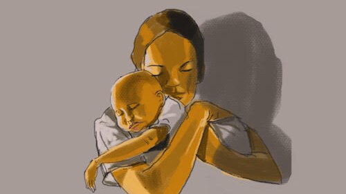 An illustration shows a woman cradling her young baby.