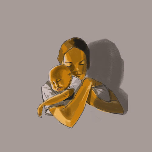 An illustration shows a woman cradling her young baby.