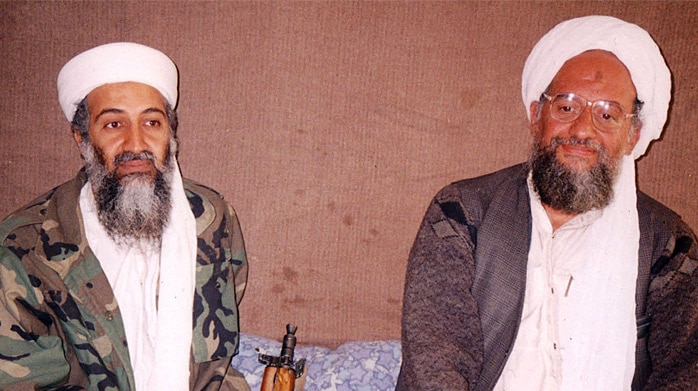 Osama bin Laden (L) sits with his adviser Ayman al-Zawahiri, an Egyptian linked to the al Qaeda network.