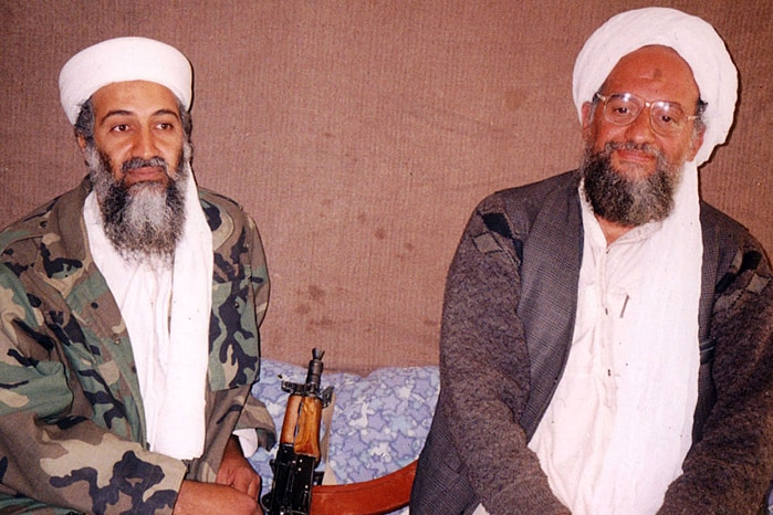 Osama bin Laden (L) sits with his adviser Ayman al-Zawahiri, an Egyptian linked to the al Qaeda network.