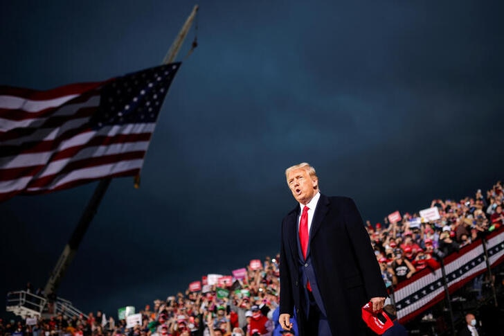 US President Donald Trump at a campaign rally at Des Moines International Airport in Des Moines, Iowa.