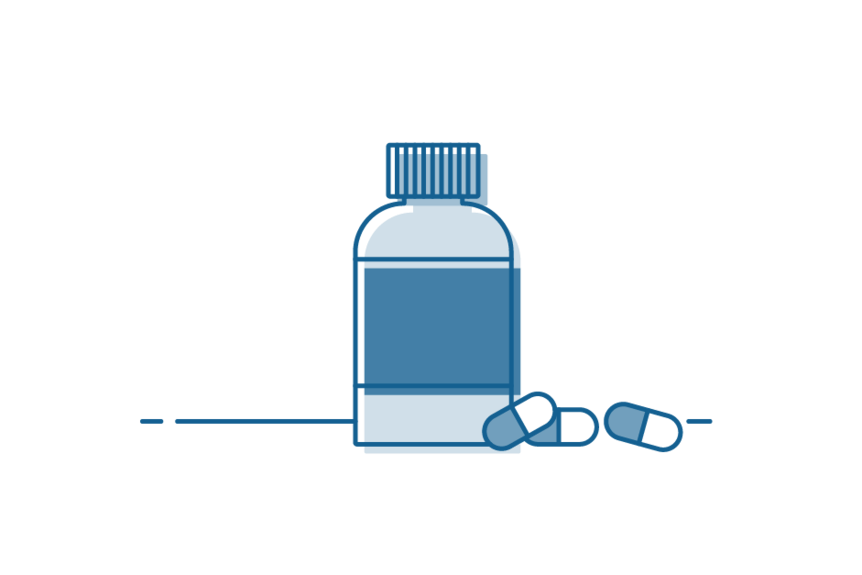 Icon drawing of bottle of medication with three capsules next to bottle.