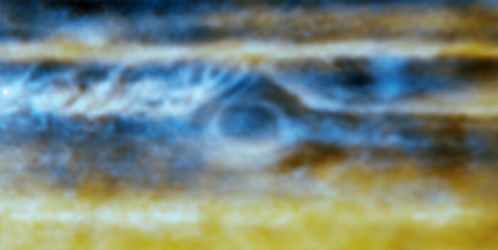 A radio image of Jupiter shows complex upwellings and downwellings of ammonia gas 30 - 90 kilometres below the surface of the Great Red Spot.