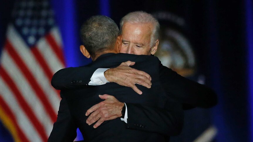 Vice-President Joe Biden joined President Barack Obama hug following his farewell address