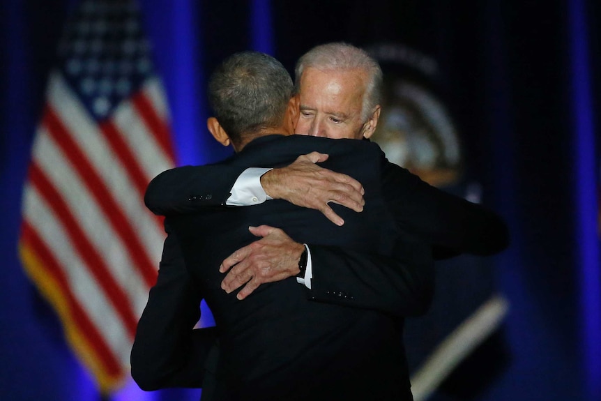 Vice-President Joe Biden joined President Barack Obama hug following his farewell address