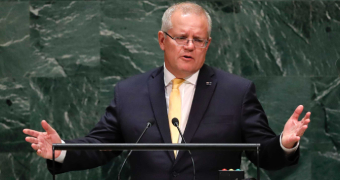 Scott Morrison spreads his arms as he speaks to the United Nations General Assembly in New York