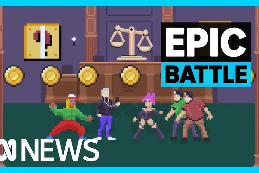 Epic Battle: An eight-bit arcade-game style image shows figures facing off in a courtroom.
