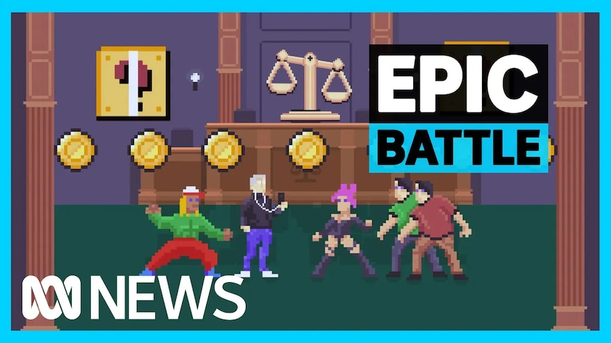 Epic Battle: An eight-bit arcade-game style image shows figures facing off in a courtroom.