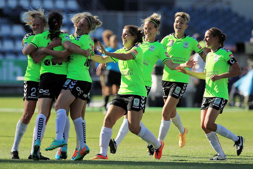 Canberra United celebrates victory in the W-League semi-final against Melbourne Victory