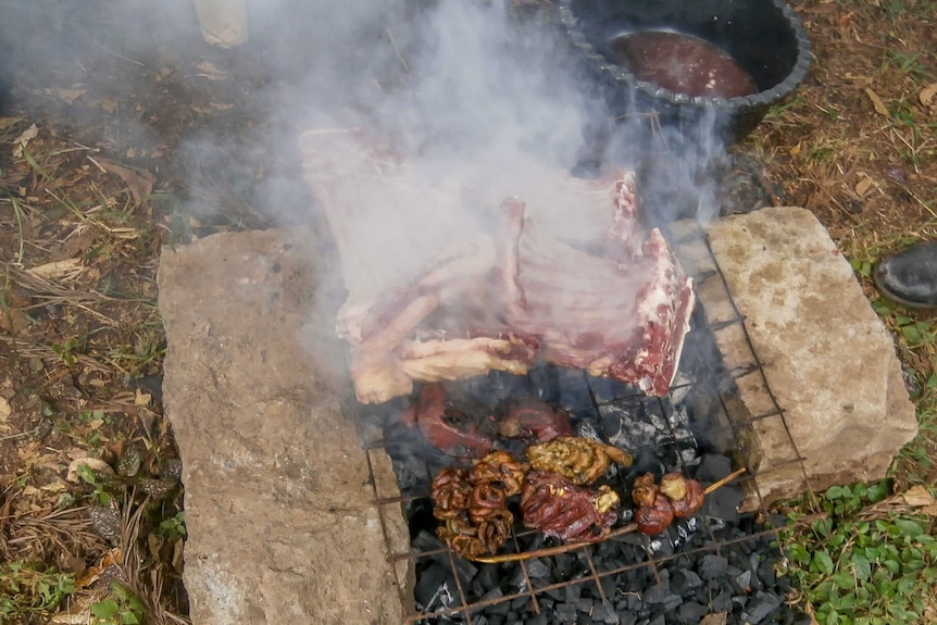 Goats meat on a BBQ