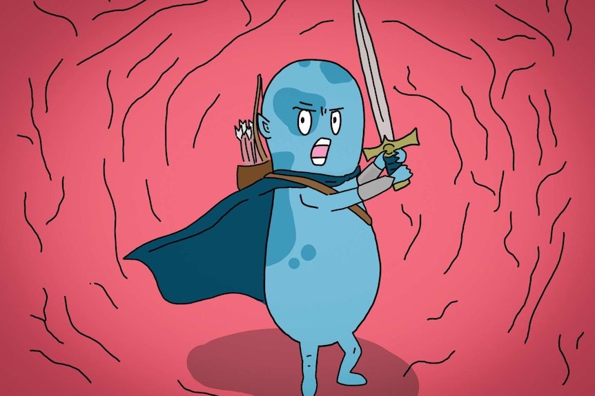 A cartoon of a blue bacteria wielding a sword