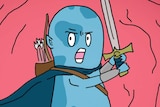 A cartoon of a blue bacteria wielding a sword