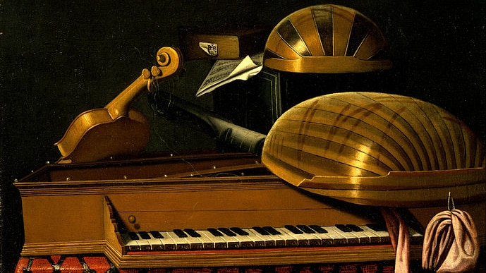 A painting of musical instruments stacked on top of a table.