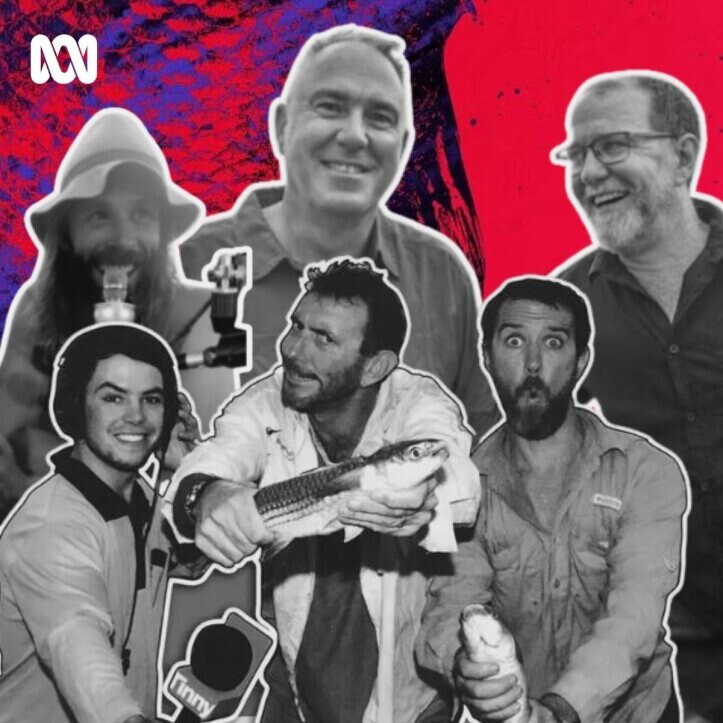 Black and white photo of six fishermen with podcast equipment